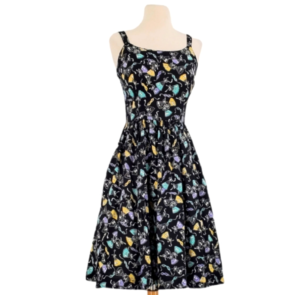 Trashy Diva Mardi Gras Fans Black Sleeveless Fir and Flare Midi Dress X-Small 2